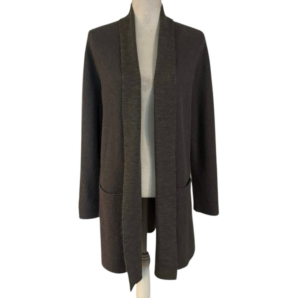Eileen Fisher Size L Cardigan Sweater Grey Gray Wool Mohair Pockets Minimalist